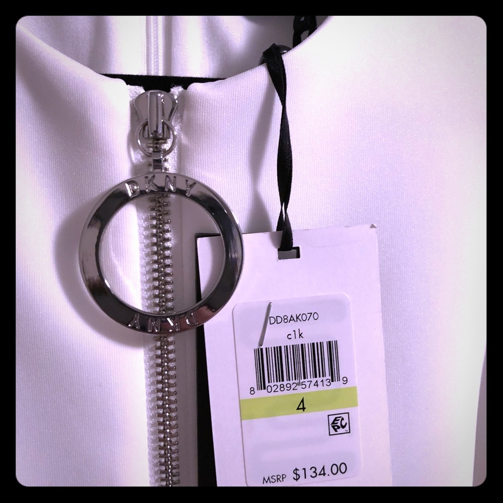 DKNY white dress black trim silver zipper. NWT 4